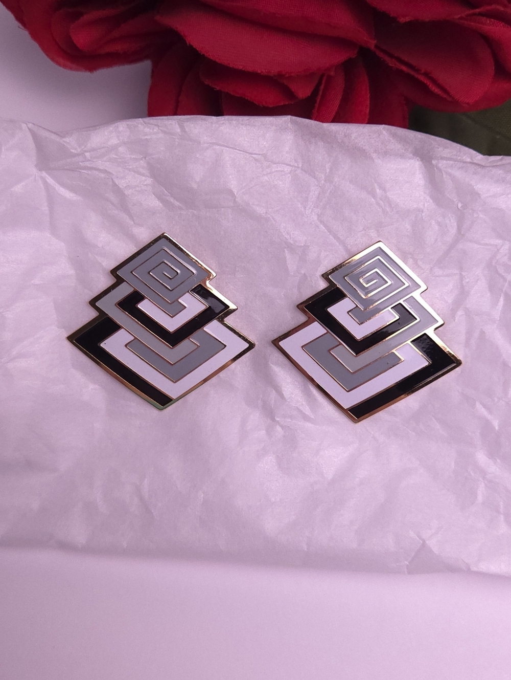 Vintage Gold Tone Black Silver & White Geometric Striped Earrings